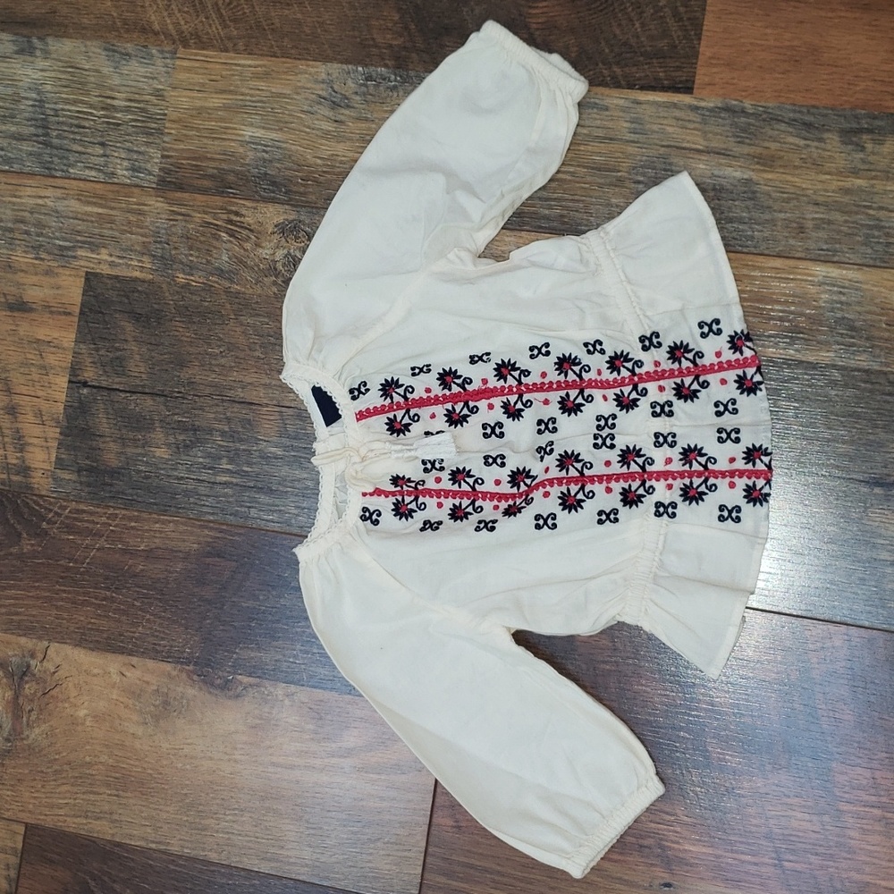 Baby Gap Off-white, Pink and Blue Floral Embroidered Boho Top, Size 0-3 Months